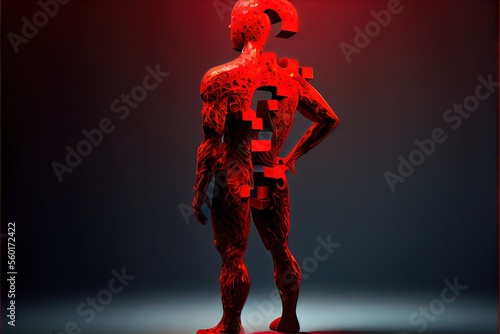 3d human with a red question mark. AI generated art illustration. 