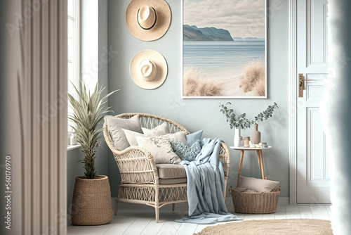 Coastal style room in light pastel hues with rattan furniture, mock up frame in interior background. Generative AI