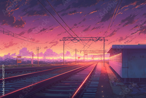 a train station at sunset, anime manga style, generative ai technology 