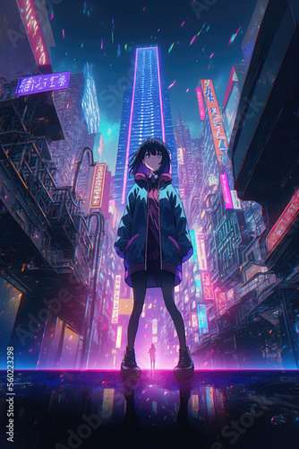 a cool anime girl standing in front of the camera, on the back a cool modern hightech city, cyberpunk illustration, generative ai technology 