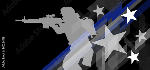 Illustration silhouette of a soldier on the background of a stylized American flag with a thin blue line - a sign to honor and respect American police, army, and military officers