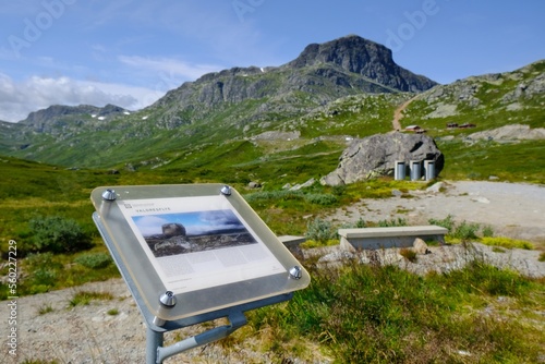 Information board on viewpoint on Valdresflya (Valdresflyi). It is a mountain plateau of Jotunheimen Mountains in Norway. Jotunheimen National Park