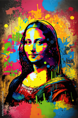a modern and cool mona lisa painting in different colors with a lot of splash, graffiti artwork, generative ai technology 