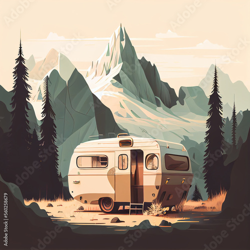 digital illustration of a caravan camping in the mountains, created with Generative AI