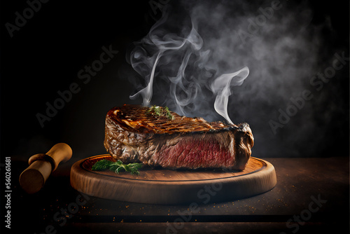 grilled juicy steak with smoke background, Generative AI