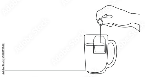 continuous line drawing of hand holding tea bag above mug - PNG image with transparent background