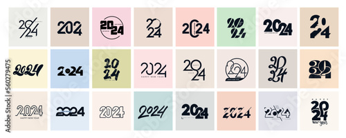 Big Set of 2024 number design template. 2024 Happy New Year logo text design. Christmas collection of 2024 Happy New Year. Vector illustration with black labels logo for diaries, notebooks, calendars.