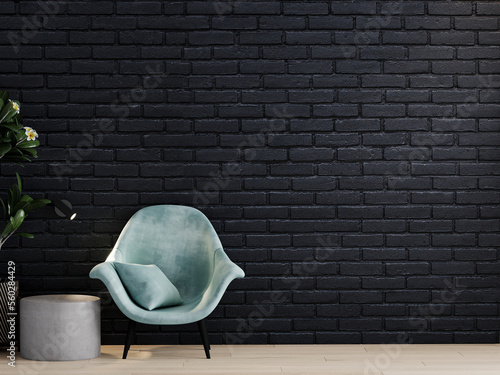 Dark room with clinker bricks background. Brick wall in black color. A turquoise teal blue armchair and a small gray table - lounge living room. 3d rendering
