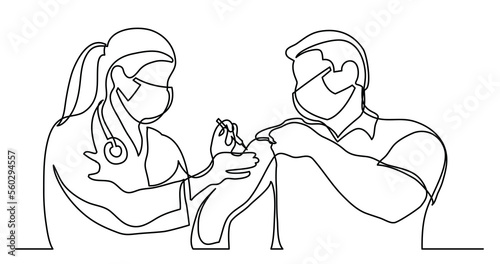 continuous line drawing of woman doctor in protective mask doing vaccination shot to patient in mask - PNG image with transparent background