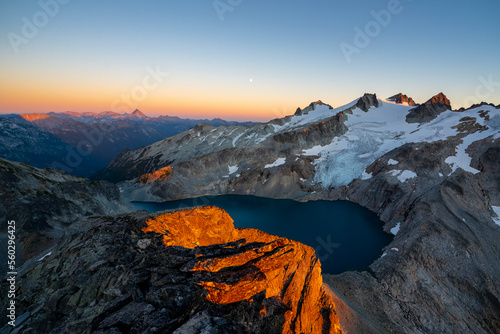 Sunset over Pea Soup Lake with Mount Daniel in the background from Dip Top Peak