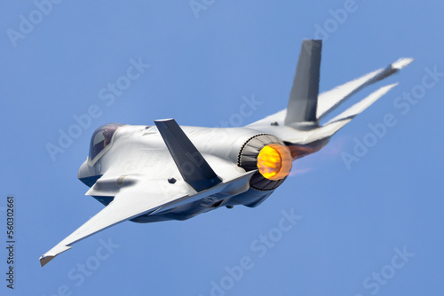 Tail view of a F-35A Lightning II with afterburner on 