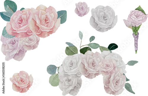 Watercolor floral wedding composition with roses flowers and eucalyptus leaves