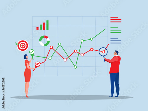 Business people using magnifier and optimize tools to Data analytics graph and chart dashboard finance report investment vector illustrator.