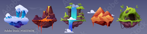 Fantastic flying land platforms for game ui design. Vector cartoon illustration of islands decorated with ancient pyramids, ice and snow, paradise waterfall, volcano with fiery liquid lava