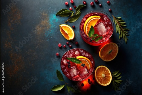  two glasses of red wine with orange slices and leaves on a dark background with leaves and berries around them, with a green sprig of leaves and a few oranges on the side.