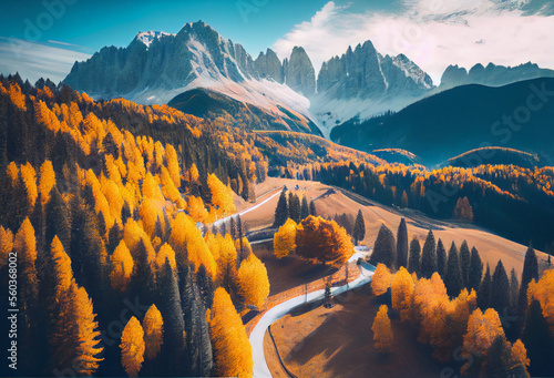 Autumn landscape in the Alps. High mountains. Dolomites. Forest with orange trees. Generative AI Art.