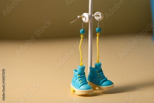 colourful funny toy earrings for children representing cute blue kickers shoes with yellow thread and blue pearl decoration made in Fimo, plastic, wood or polymer clay, creative art and crafts idea