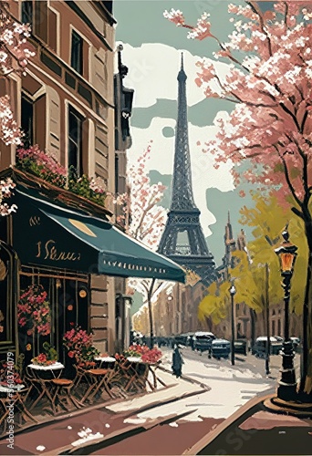 beautiful paint by number of cafe in Paris with the Eiffel tower . Ai generative