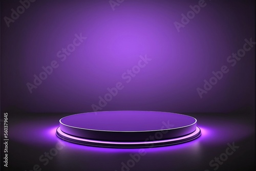 Purple neon showcase, mockup round product display stage with violet minimalist background, 3d illustration.