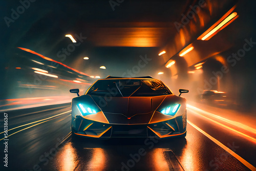 Sports car racing in the night. Generative AI.