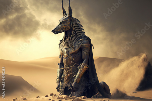 Ancient Egyptian god of death Anubis in the desert. Anubis is the lord of the elements of sand. Desert landscape. History of Ancient Egypt. AI