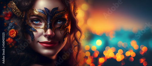 Carnival banner mardi gras woman smiling with venetian mask night lights copy space. Generative AI