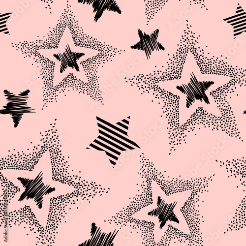 Abstract seamless chaotic pattern with stars and sprays. Grunge texture background. Wallpaper for teen girls. Fashion sport style