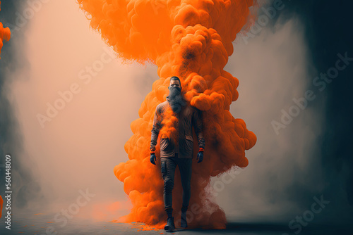 Orange smoke grenade man. Generative AI