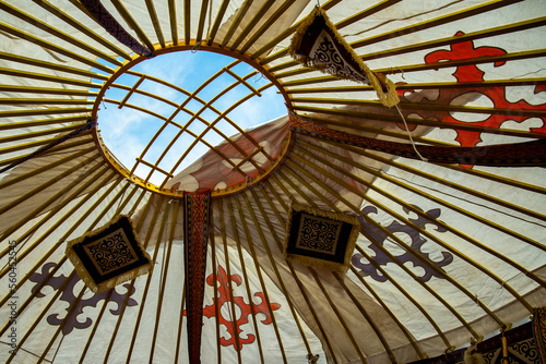 Shanyrak with Kazakh national ornament, bottom view from Kazakh yurt, symbol of Kazakhstan.