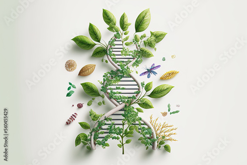 Biology laboratory nature and science, plant and environmental study, DNA, gene therapy, and plants with biochemistry structures on white backgrounds. Generative AI