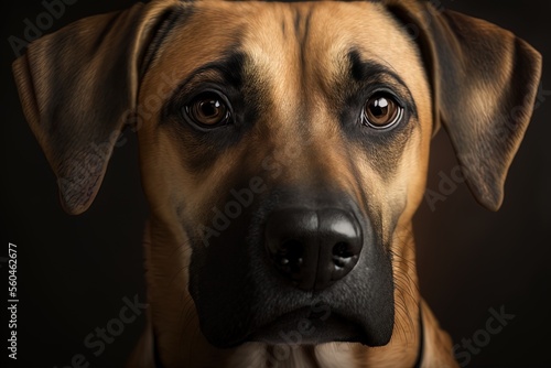 Extreme closeup of a black-and-tan cur dog. Generative AI