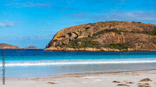 panorama of lucky bay in cape le grand national park at sunset; the famous kangaroo beach in western australia near esperance 