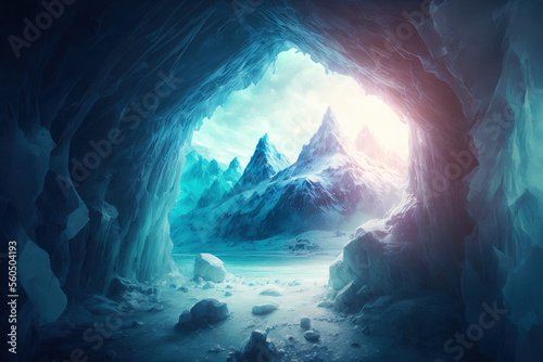 a glacial ice grotto from a fantasy movie. Illustration showing the interior of a frozen, snow and ice covered mountain cave. Northern winter concept illustration. Ice cave with windows and light fro