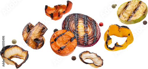Falling grilled vegetable slices isolated