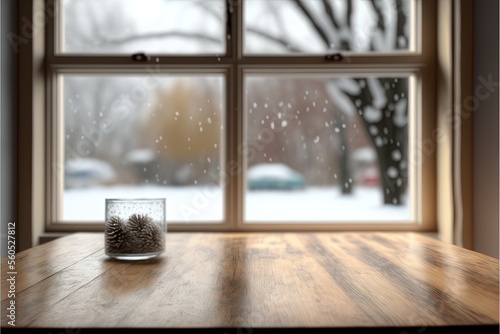  a window with a view of a snowy street outside it and a glass of water on a table in front of it, with a pine cone on the table in front of the window. Generative AI