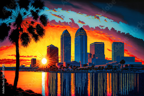 Tampa Florida cityscape, skyline, palm trees, reflection. Generative AI