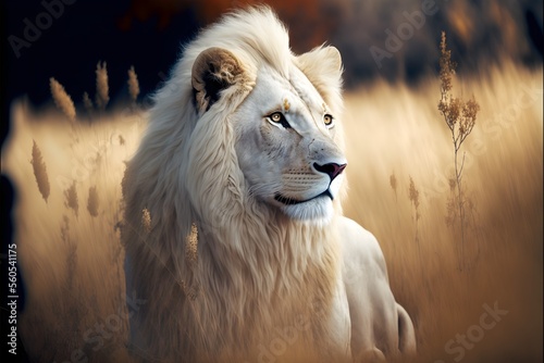 Magnificent white Lion in the savannah, wildlife animal.