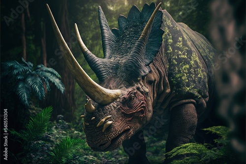 Triceratops dinosaur, ancient herbivore dinosaur, extinct animal. Generative AI