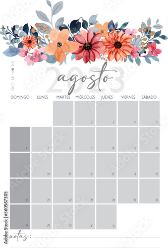 Calendario Planificador en Español A4 - 2023. Mes de Agosto