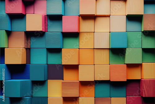 Colorful cubes of wood in 3D