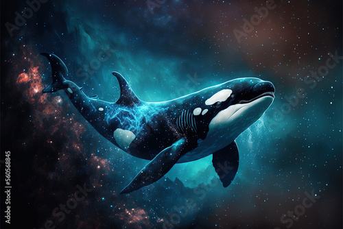 Cosmic killer whale spirit swimming in space. Godlike creature, awe inspiring, dreamy digital illustration. 