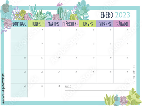 Calendario Planificador 2023 en Español - Tamaño A4 - Mes de Enero