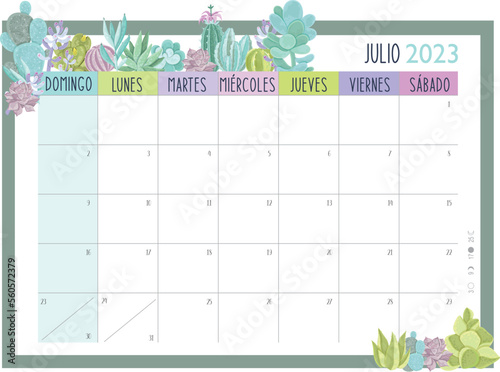 Calendario Planificador 2023 en Español - Tamaño A4 - Mes de Julio