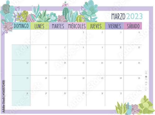 Calendario Planificador 2023 en Español - Tamaño A4 - Mes de Marzo