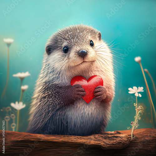 Creative, abstract, love illustration of a cute animal giving its heart as a Valentine's Day gift. Little baby otter. Illustration, Generative AI.