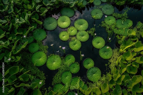 View of nenuphars or water lily pads from over a marsh or lake. Generative AI