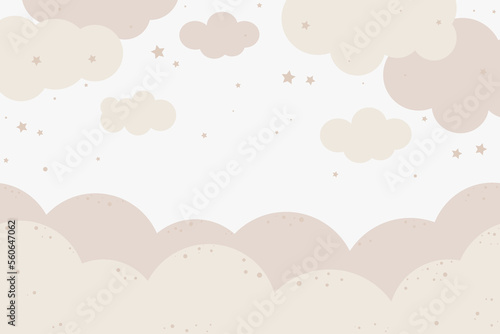 Cute hand drawn clouds and stars. Baby vector illustration in pastel colors for decorating a kids room. Wall art of the nursery. Trendy design of air clouds for children's interior.