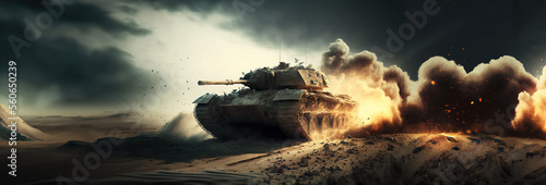 armored tank crosses a mine field during war invasion epic scene of fire and some in the desert, wide poster design with copy space area