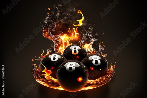 The pool table's black jack balls are on fire and soaring. Generative AI