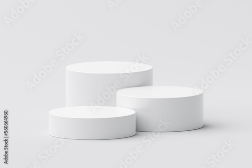 Modern white product stage display scene 3d podium background with minimal geometric platform base or empty presentation round stand mockup and blank premium show pedestal soft clean floor concept.